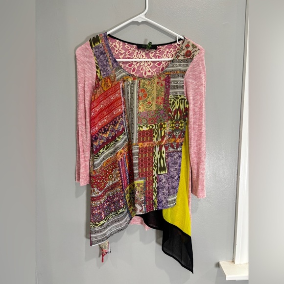Poeme By Citron Women's S Semi Sheer Tunic Blouse Mixed Media Boho Art to Wear - Picture 1 of 9